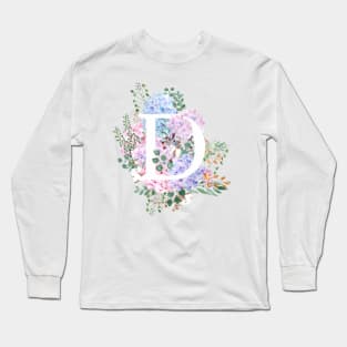 botanical monogram alphabet D hydrangea flowers Long Sleeve T-Shirt